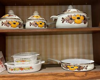 Vintage Pyrex, enamel pots and pans