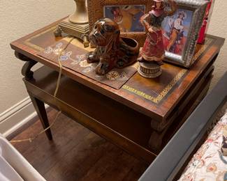 Dale Chihuly gig saw, Western theme art pieces, vintage baby planter, vintage accent table with leather top