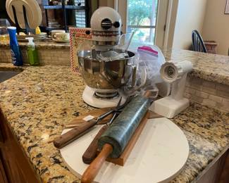 Marble rolling pin with holder, stone cheese board, Kitchen Aid mixer with lots of attachments