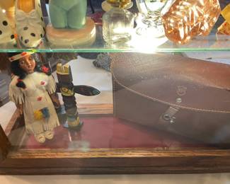 Filmo leather carry case with attachments, vintage American Indian doll