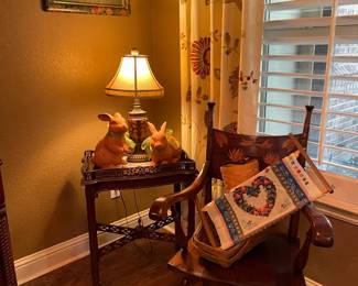 The butler's tray table, rabbits, lamp, in progress needle cross stitch