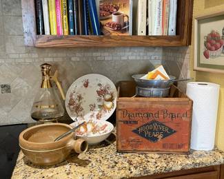 Vintage crate, vintage coffee server, more cookbooks and Harvest pottery