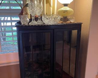 Antique china/display cabinet, crystal glass pieces, Gone with the Wind lamp