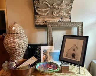 Tine tile shelf, large basket, copper bowl, art and pottery