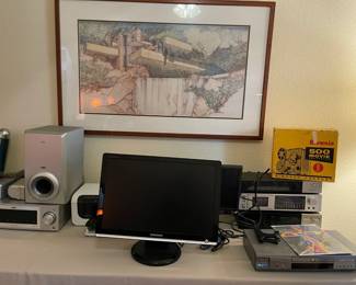 Electronic table, vintage Brownie projector, DVD player