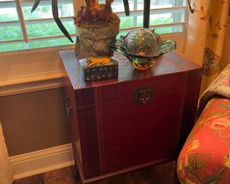 Storage chest, Murano glass piece and other art glass, faux plants and great lamp