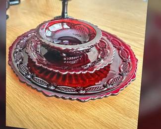 Avon Red dishes and Multiple Serving pieces, glasses.
