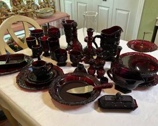 Avon Red Dishes, 8 place setting , 8 of 5 different glasses, tons of special piesces 