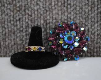 14K Gold Ring & Aurora Borealis Brooch
