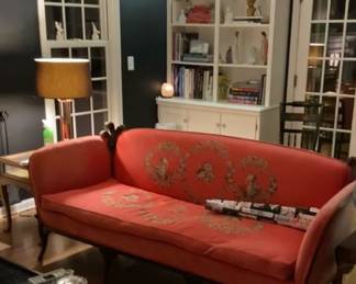 Gorgeous needlepoint and velvet sofa with carved feather plumes of wood in the corners. Stunning! Priced to sell!