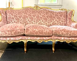 Antique, French, gold gilt sofa in gorgeous mauve damask-y mohair. Under $1,000!
