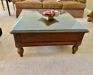 Coffee table with two drawers and glass top available for pre-sell
