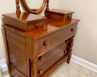 Antique 5 Drawer Dresser includes two glove boxes on top and mirror w turned poles