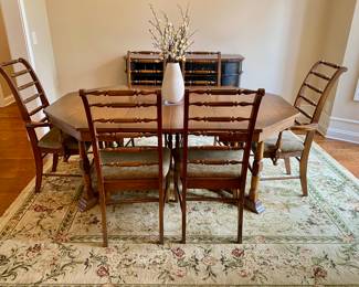 Unique Vintage Dinning Table with two leaves (in table in pic) and 6 very interesting chairs (2 Captain)
Available for Pre Sell
