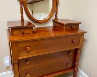 Antique 5 Drawer Dresser includes two glove boxes on top and mirror w turned poles Available for Pre Sell