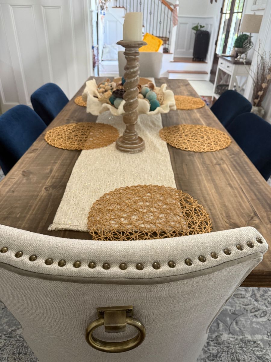 Beautiful 8ft Dining Table and Six Chairs. Blue velvet chairs are from Anthropology.