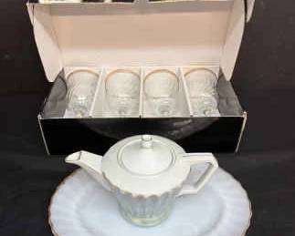 Royals Glass Goblets And Tea Pot And Anchor Hocking Plate