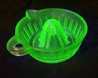  02 Vintage Uranium Green Depression Glass Citrus Juice Reamer