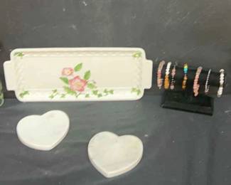 Lot Of Faux Succulents, Marble Heart Tidbit Dishes, Vintage Costume Bracelets, And More 