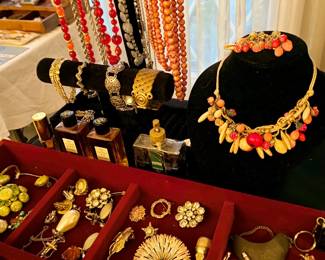 Costume jewelry, brooches, pins, earrings & unopened Chanel perfume