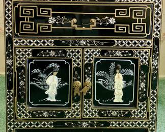 Vintage Chinoserie Black Lacquered Cabinet with Inlay and Bas Relief Soapstone Depictions of Courtesans