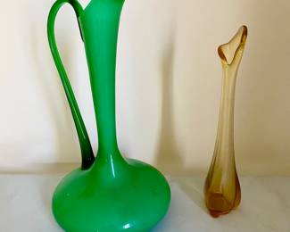 Empoli Cased Italian Glass Pitcher and Viking Glass Petal Swung Vase