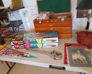 Antique tool box, pennants, ephemera