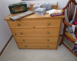 Antique pine small dresser, vintage radio, CDs, Knitting/crochet bag