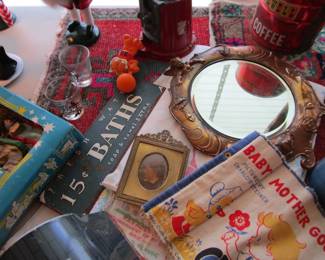 Antique mirror, vintage tins, toys and more