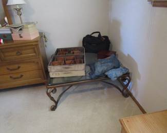Glass table, denim, vintage berry crates