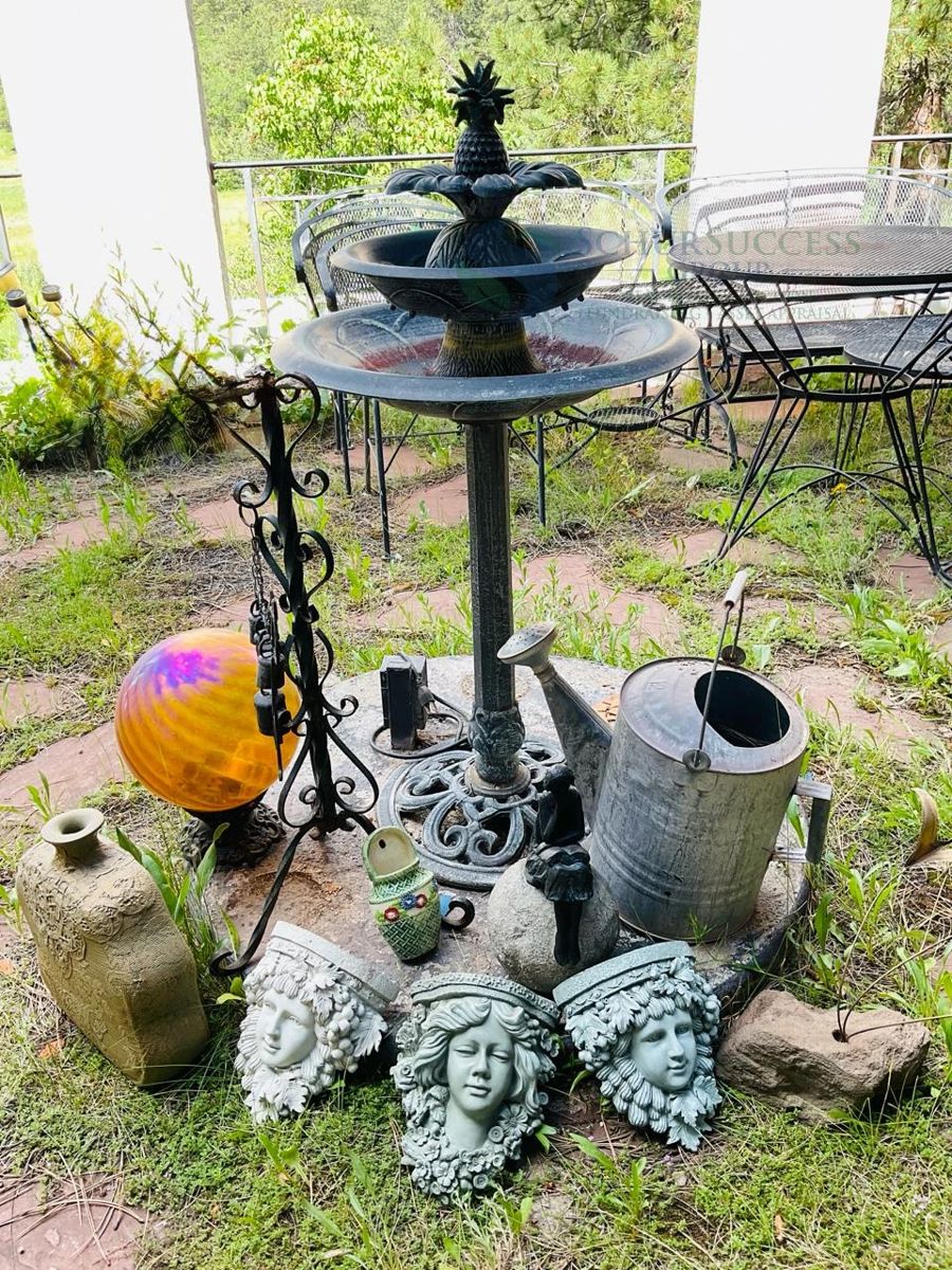 Garden Decor Set with Bird Bath, Glass Orb, Face Ornaments, Metal and Ceramic