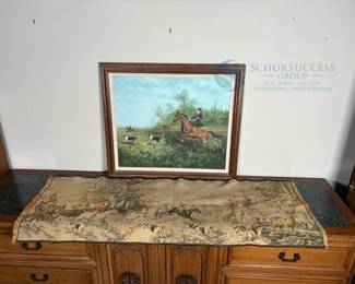 Vintage Oil Painting - Horse Riding Scene with Dogs, Framed
