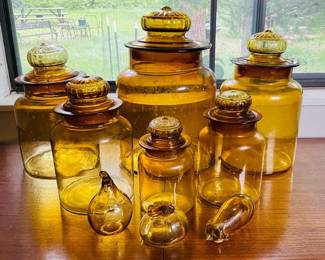 Amber Glass Apothecary Jar Set, 7 Jars with Decorative Stoppers