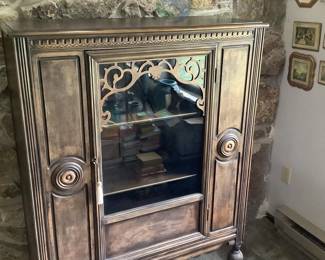 Wooden Display Cabinet with Glass Door and Decorative Carvings