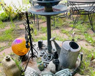 Garden Decor Set with Bird Bath, Glass Orb, Face Ornaments, Metal and Ceramic