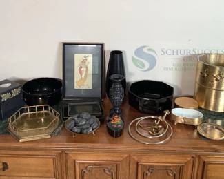 Decorative Household Lot: Vases, Brass Container, Framed Picture