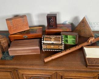 Collection of Wooden Decorative Boxes and Flute
