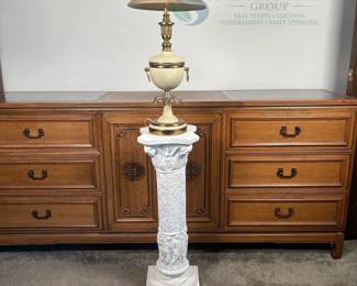 Traditional Gold and Beige Table Lamp with White Decorative Pedestal