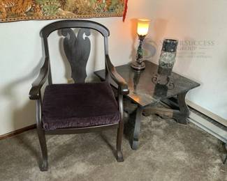 Classic Arm Chair and Wooden End Table with Dark Stone Top