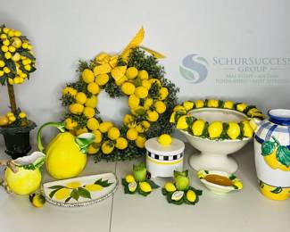 Lemon-Themed Decorative Collection: Wreath, Topiary, Ceramic Pitcher & Tray