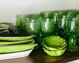 Vintage Green Glass Goblets & Leaf-Shaped Ceramic Dishes Set