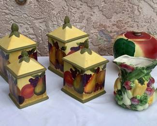 Ceramic Fruit Motif Kitchen Set: 4 Canisters, Pitcher, & Apple Jar