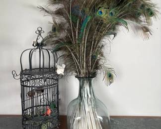 Decorative Metal Birdcage with Artificial Birds and Glass Vase with Peacock Feathers