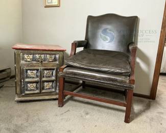 Leather Armchair and Decorative Side Table