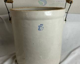 Vintage Stoneware Crock, 5 Gallon Capacity, Metal Handles with Wooden Grips