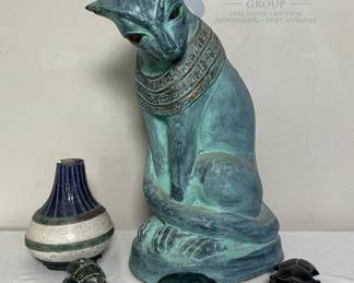 Decorative Egyptian-Style Cat Sculpture, Vase, and Scarab Collection