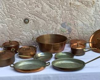 Copper Cookware Set, 11 Pieces, Brass Handles, Copper Lids