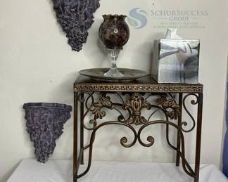 Decorative Metal Table with Wall Sconces, Vase & Ceramic Tissue Holder