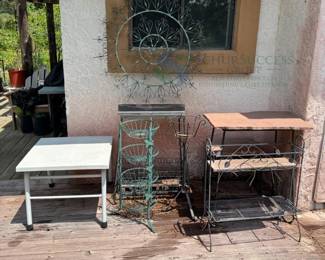 Metal Patio Table and Decorative Plant Stands