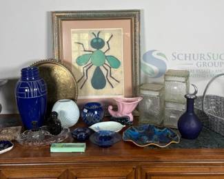 Mixed Lot of Decorative Items: Glass Vases, Framed Art, Bowls, Wicker Basket